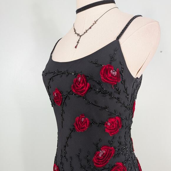 Vintage Sue Wong Maxi Dress Gown 6 Black Red Y2K Fairy Goth Silk Floral Velvet - Picture 9 of 16